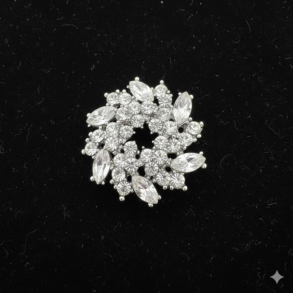 Vintage Rhinestone Wreath Brooch: Silver-Tone Crystal Jewelry Starburst Pin